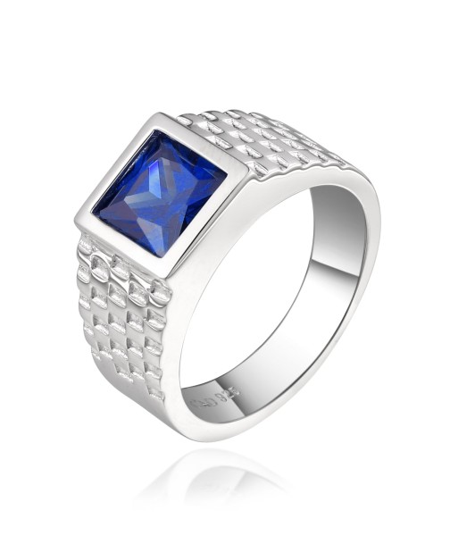 Casablanca Men's Blue CZ Sterling Silver Ring with Textured Band pas cher