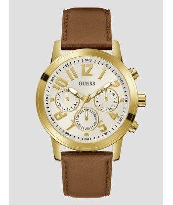 Guess Men's Gold Tone & Brown Leather Strap Watch 50-70% off 