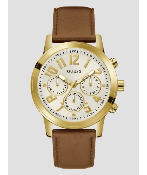 Guess Men's Gold Tone & Brown Leather Strap Watch 50-70% off 