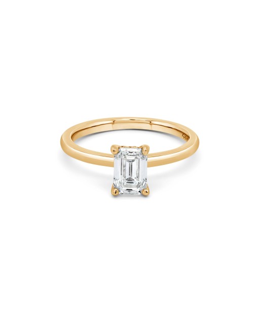 1.00CT Lab Grown Emerald Cut Hidden Halo Engagement Ring: Yellow Gold en stock